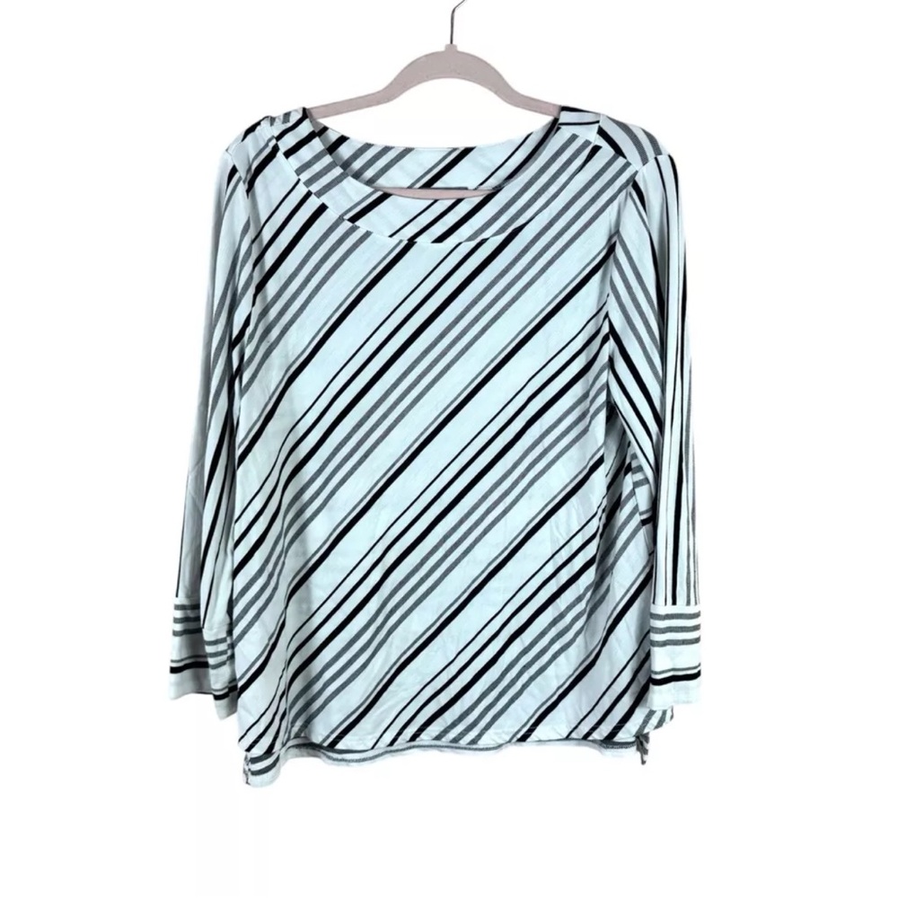 HABITAT womens size M white black striped boat neck 3/4 sleeve stretch top